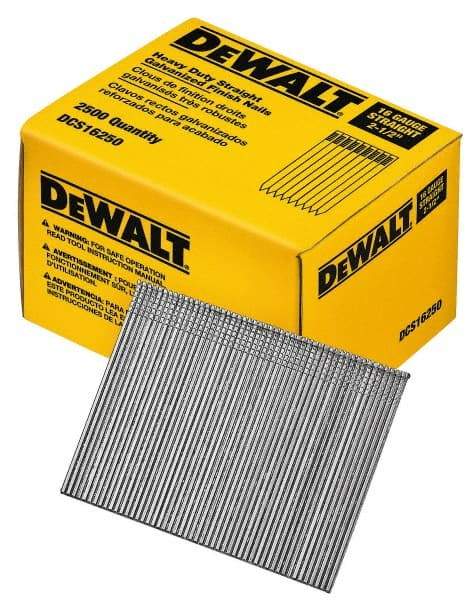 DeWALT - 16 Gauge 2-1/2" Long Finishing Nails for Power Nailers - Grade 2 Steel, Galvanized Finish, Straight Stick Collation - Exact Industrial Supply