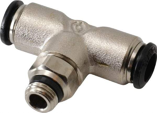 Alpha Technologies - 8mm Outside Diam, 1/8 Universal, Nickel Plated Brass Push-to-Connect Tube Male Swivel Branch Tee - 250 Max psi, Tube to Universal Thread Connection, Buna O-Ring - Exact Industrial Supply
