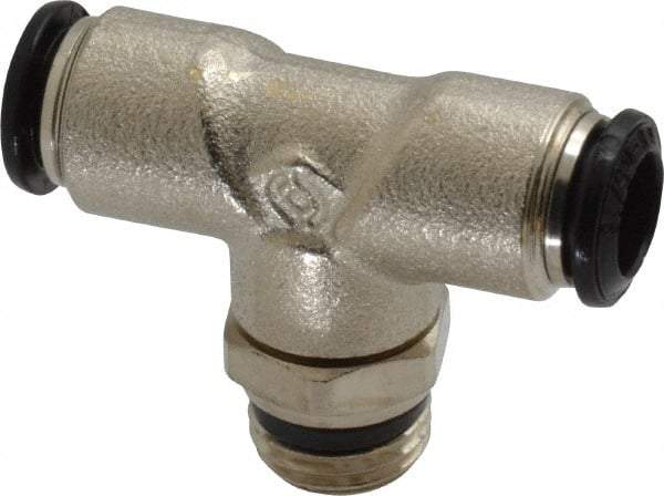 Alpha Technologies - 8mm Outside Diam, 1/4 Universal, Nickel Plated Brass Push-to-Connect Tube Male Swivel Branch Tee - 250 Max psi, Tube to Universal Thread Connection, Buna O-Ring - Exact Industrial Supply