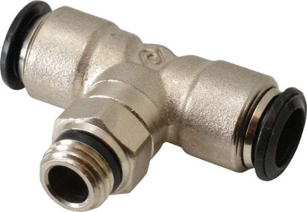 Alpha Technologies - 10mm Outside Diam, 1/4 Universal, Nickel Plated Brass Push-to-Connect Tube Male Swivel Branch Tee - 250 Max psi, Tube to Universal Thread Connection, Buna O-Ring - Exact Industrial Supply