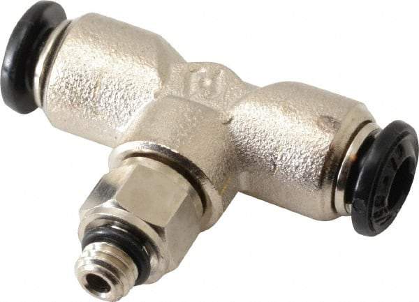 Alpha Technologies - 4mm Outside Diam, M5 Metric, Nickel Plated Brass Push-to-Connect Tube Male Swivel Branch Tee - 250 Max psi, Tube to Metric Thread Connection, Buna O-Ring - Exact Industrial Supply
