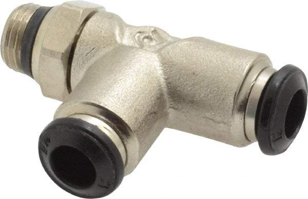 Alpha Technologies - 6mm Outside Diam, 1/8 Universal, Nickel Plated Brass Push-to-Connect Tube Male Swivel Run Tee - 250 Max psi, Tube to Universal Thread Connection, Buna O-Ring - Exact Industrial Supply