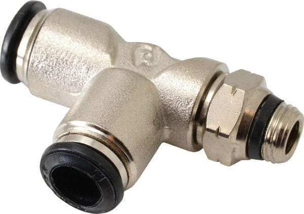 Alpha Technologies - 8mm Outside Diam, 1/8 Universal, Nickel Plated Brass Push-to-Connect Tube Male Swivel Run Tee - 250 Max psi, Tube to Universal Thread Connection, Buna O-Ring - Exact Industrial Supply