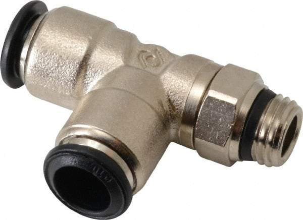 Alpha Technologies - 10mm Outside Diam, 1/4 Universal, Nickel Plated Brass Push-to-Connect Tube Male Swivel Run Tee - 250 Max psi, Tube to Universal Thread Connection, Buna O-Ring - Exact Industrial Supply