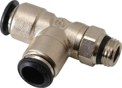 Alpha Technologies - 10mm Outside Diam, 1/4 Universal, Nickel Plated Brass Push-to-Connect Tube Male Swivel Run Tee - 250 Max psi, Tube to Universal Thread Connection, Buna O-Ring - Exact Industrial Supply