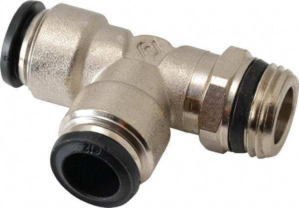 Alpha Technologies - 12mm Outside Diam, 1/2 Universal, Nickel Plated Brass Push-to-Connect Tube Male Swivel Run Tee - 250 Max psi, Tube to Universal Thread Connection, Buna O-Ring - Exact Industrial Supply