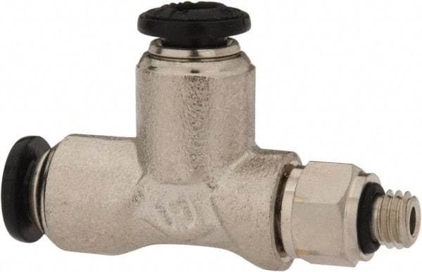 Alpha Technologies - 4mm Outside Diam, M5 Metric, Nickel Plated Brass Push-to-Connect Tube Male Swivel Run Tee - 250 Max psi, Tube to Metric Thread Connection, Buna O-Ring - Exact Industrial Supply