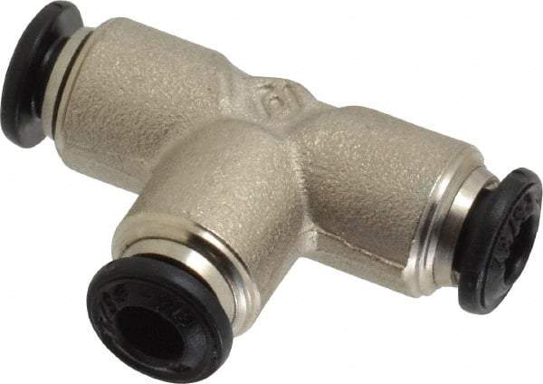 Alpha Technologies - 4mm Outside Diam, Nickel Plated Brass Push-to-Connect Tube Union Tee - 250 Max psi, Tube to Tube Connection, Buna O-Ring - Exact Industrial Supply