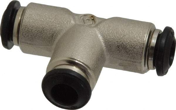 Alpha Technologies - 6mm Outside Diam, Nickel Plated Brass Push-to-Connect Tube Union Tee - 250 Max psi, Tube to Tube Connection, Buna O-Ring - Exact Industrial Supply