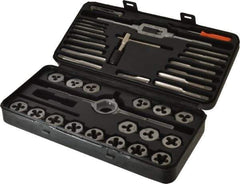 Interstate - #4-40 to 1/2-20 Tap, #4-40 to 1/2-20 Die, NPT, UNC, UNF, Tap and Die Set - Bright Finish Carbon Steel, Carbon Steel Taps, Nonadjustable 1" Hex Size, 39 Piece Set with Plastic Case - Exact Industrial Supply