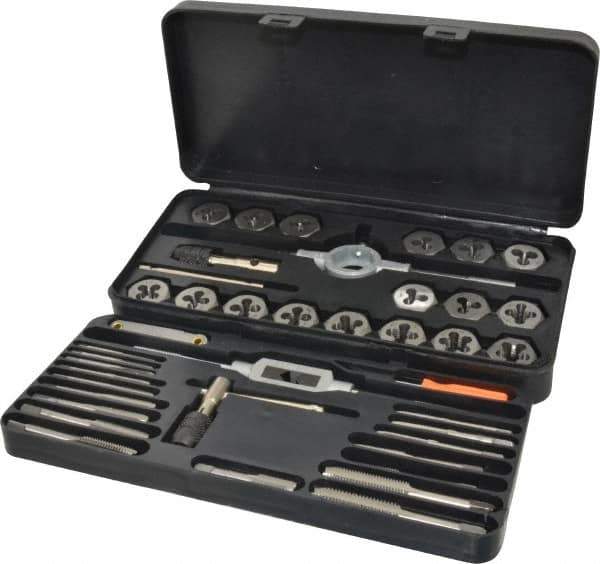 Interstate - M3x0.50 to M12x1.75 Tap, 1/8-27 to 1/8-27 Die, Metric Coarse, Metric Fine, NPT, Tap and Die Set - Bright Finish Carbon Steel, Carbon Steel Taps, Nonadjustable 1" Hex Size, 41 Piece Set with Plastic Case - Exact Industrial Supply