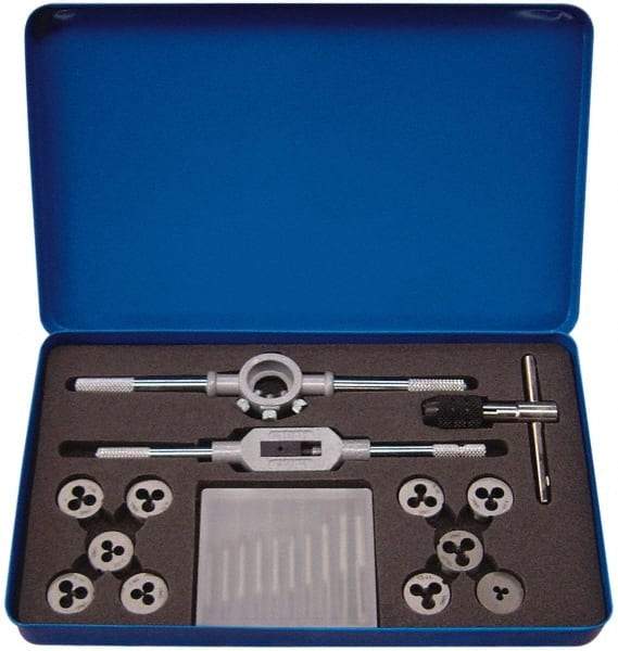 Interstate - #0-80 to #12-24 Tap, #0-80 to #12-24 Die, UNC, UNEF, UNF, Tap and Die Set - Bright Finish Carbon Steel, Carbon Steel Taps, Adjustable, 23 Piece Set with Metal Case - Exact Industrial Supply