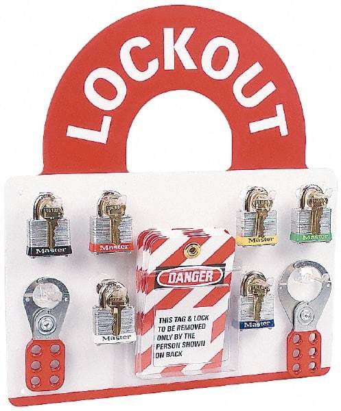 NMC - 10 Piece, Equipped Plexiglass Tag and Padlock / Hasp Station - 14 Inch Wide x 15-1/2 Inch High, White and White on Red - Exact Industrial Supply