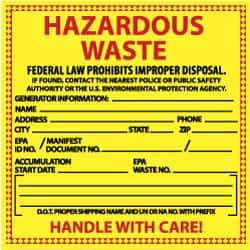 NMC - Hazardous Materials Label - Legend: Hazardous Waste - Federal Law Prohibits Improper Disposal, English, Red & Black & Yellow, 6" Long x 6" High, Sign Muscle Finish - Exact Industrial Supply