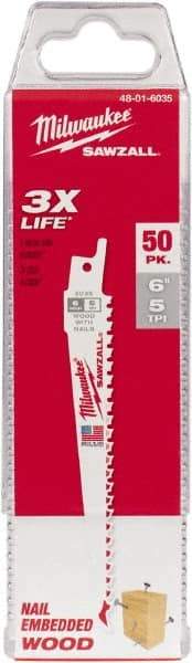 Milwaukee Tool - Bi-Metal Reciprocating Saw Blade - Tapered Profile, 5 TPI, Toothed Edge - Exact Industrial Supply