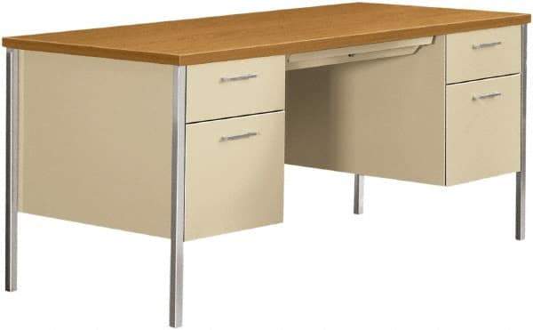 Hon - Woodgrain Laminate/Metal Double Pedestal Desk with Center Drawer - 62-3/4, 60" Wide x 30" Deep x 22-1/2, 29" High, Harvest/Putty - Exact Industrial Supply
