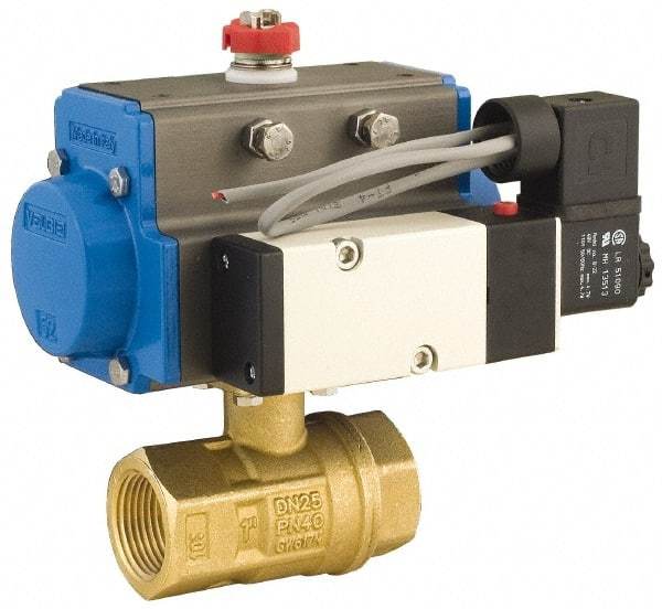BONOMI - 1/2" Pipe, 600 psi WOG Rating Brass Pneumatic Spring Return with Solenoid Actuated Ball Valve - PTFE Seal, Full Port, 150 psi WSP Rating, NPT End Connection - Exact Industrial Supply