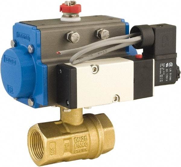 BONOMI - 1/2" Pipe, 600 psi WOG Rating Brass Pneumatic Double Acting with Solenoid Actuated Ball Valve - PTFE Seal, Full Port, 150 psi WSP Rating, NPT End Connection - Exact Industrial Supply