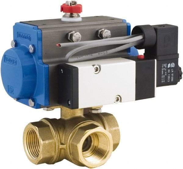 BONOMI - 1/2" Pipe, 400 psi WOG Rating Brass Pneumatic Spring Return with Solenoid Actuated Ball Valve - PTFE Seal, Standard Port, 100 psi WSP Rating, NPT End Connection - Exact Industrial Supply