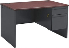 Hon - Steel-Reinforced High-Pressure Laminate/Metal Right Pedestal Desk - 48" Wide x 30" Deep x 29" High, Mahogany/Charcoal - Exact Industrial Supply