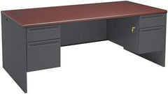 Hon - Steel-Reinforced High-Pressure Laminate/Metal Double Pedestal Desk - 72" Wide x 36" Deep x 29" High, Mahogany/Charcoal - Exact Industrial Supply