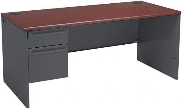 Hon - Steel-Reinforced High-Pressure Laminate/Metal Left Pedestal Desk - 66" Wide x 30" Deep x 29" High, Mahogany/Charcoal - Exact Industrial Supply