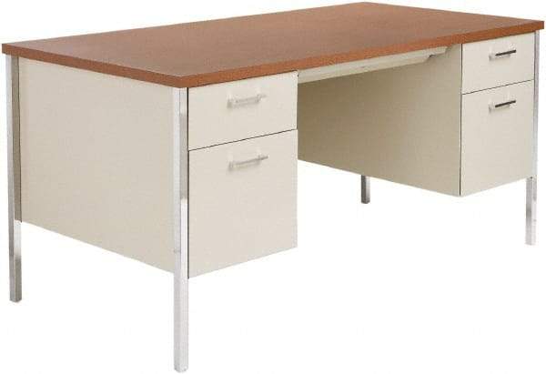 ALERA - Woodgrain Laminate/Steel Double Pedestal Desk with Center Drawer - 60" Wide x 30" Deep x 29" High, Cherry/Putty - Exact Industrial Supply