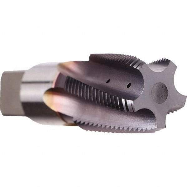Emuge - 1 - 11-1/2 NPT, 15° Helix, 5 Flutes, TiN Finish, Cobalt, Spiral Flute Pipe Tap - Right Hand Flute, 1-3/4" Thread Length, 0.843" Square Size, Series KEG - Exact Industrial Supply