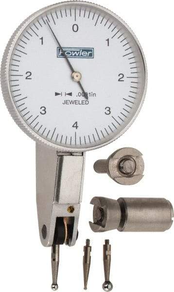 Fowler - 0.008 Inch Range, 0.0001 Inch Dial Graduation, Horizontal Dial Test Indicator - 1-1/2 Inch White Dial, 0-4-0 Dial Reading - Exact Industrial Supply