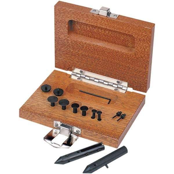 TESA Brown & Sharpe - 0.06, 0.11 & 0.156" Groove Depth, Black Oxide Cold Rolled Steel & Wood (Case) Caliper Centerline Attachment - 19 Pieces, 0.65" Bore Depth, For Use with Brown & Sharpe & Competitive 6" Dial, Digital & Vernier Calipers - Exact Industrial Supply