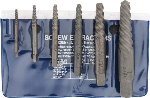 Cleveland - 6 Piece Spiral Flute Screw Extractor Set - Screw Range 3/16 to 1" - Exact Industrial Supply