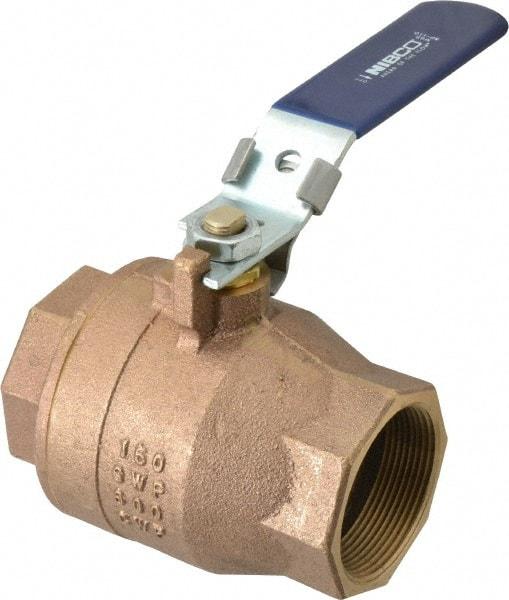 NIBCO - 2" Pipe, Full Port, Bronze Standard Ball Valve - 2 Piece, Inline - One Way Flow, FNPT x FNPT Ends, Locking Lever Handle, 600 WOG, 150 WSP - Exact Industrial Supply