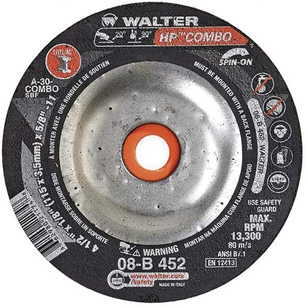 WALTER Surface Technologies - 30 Grit, 4-1/2" Wheel Diam, 1/8" Wheel Thickness, Type 27 Depressed Center Wheel - Aluminum Oxide, 13,300 Max RPM - Exact Industrial Supply