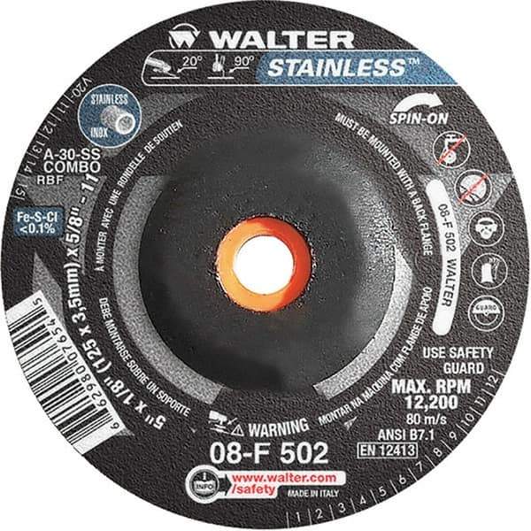 WALTER Surface Technologies - 30 Grit, 5" Wheel Diam, 1/8" Wheel Thickness, Type 27 Depressed Center Wheel - Aluminum Oxide, Resinoid Bond, 12,200 Max RPM - Exact Industrial Supply