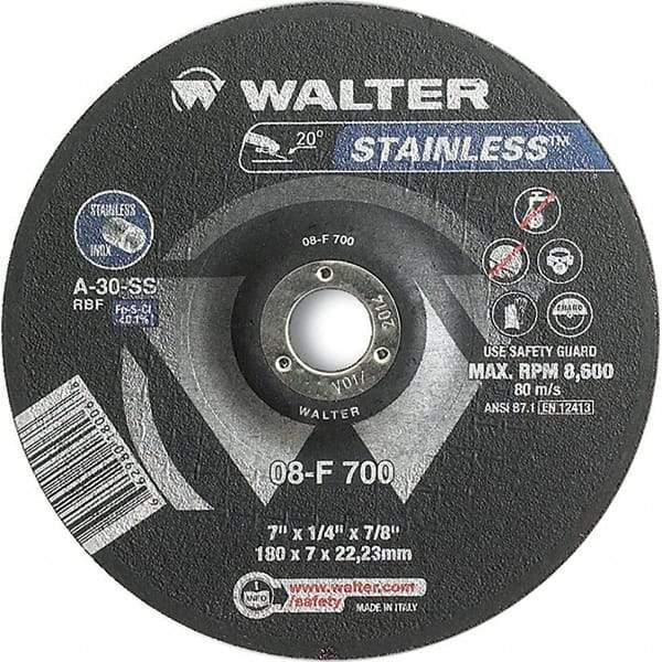 WALTER Surface Technologies - 30 Grit, 7" Wheel Diam, 1/4" Wheel Thickness, 7/8" Arbor Hole, Type 27 Depressed Center Wheel - Aluminum Oxide, Resinoid Bond, 8,600 Max RPM - Exact Industrial Supply