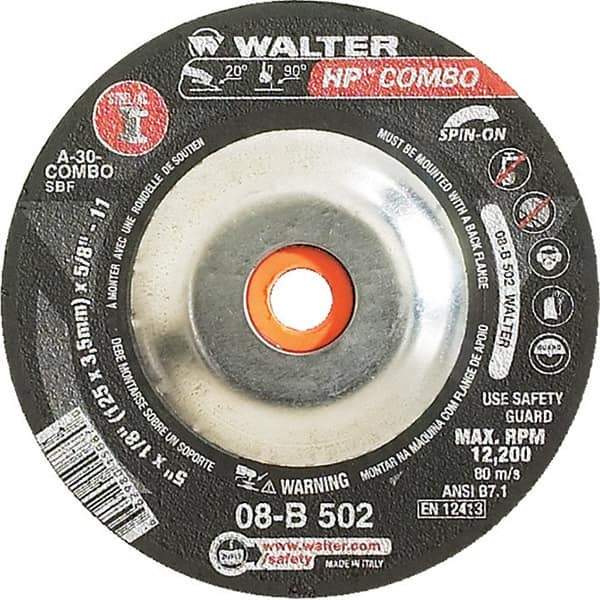 WALTER Surface Technologies - 30 Grit, 5" Wheel Diam, 1/8" Wheel Thickness, Type 27 Depressed Center Wheel - Aluminum Oxide, Resinoid Bond, 12,200 Max RPM - Exact Industrial Supply