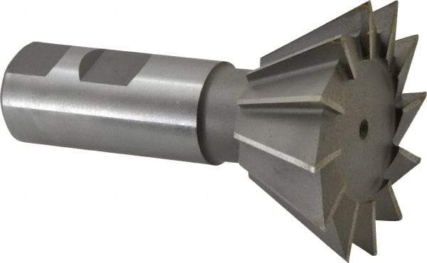 Made in USA - 2-1/2" Diam x 1-1/8" Width of Cut, 60° Included Angle, Cobalt Dovetail Cutter - 1" Shank Diam, 2-5/8" Shank Length, 3-3/4" Overall Length, Weldon Flat, Uncoated - Exact Industrial Supply