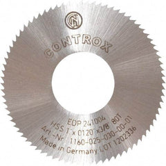 Controx - 1" Diam x 0.012" Blade Thickness x 3/8" Arbor Hole Diam, 80 Tooth Slitting and Slotting Saw - Arbor Connection, Right Hand, Uncoated, High Speed Steel, Concave Ground - Exact Industrial Supply