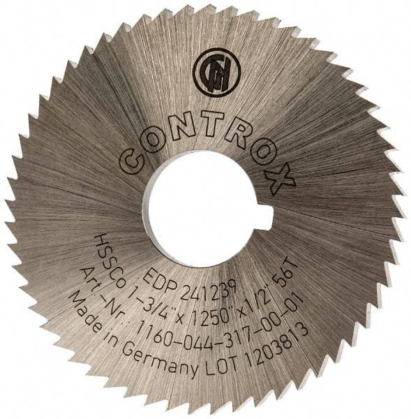 Controx - 1-3/4" Diam x 1/8" Blade Thickness x 1/2" Arbor Hole Diam, 56 Tooth Slitting and Slotting Saw - Arbor Connection, Right Hand, Uncoated, Cobalt, Concave Ground, Contains Keyway - Exact Industrial Supply