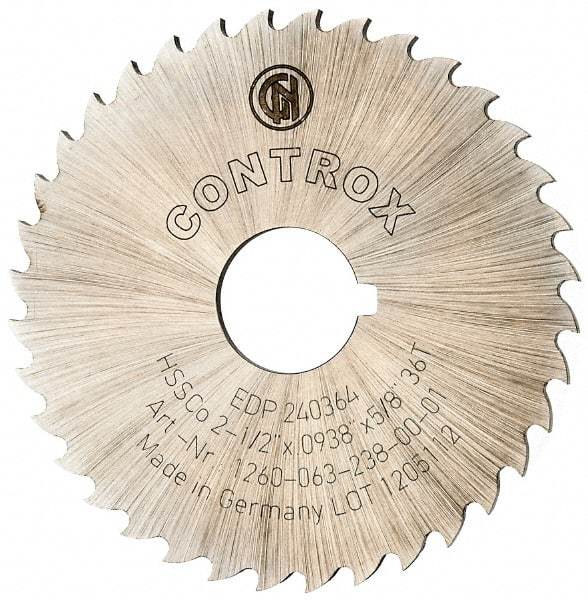 Controx - 2-1/2" Diam x 0.0938" Blade Thickness x 5/8" Arbor Hole Diam, 36 Tooth Slitting and Slotting Saw - Arbor Connection, Right Hand, Uncoated, Cobalt, 15° Rake, Concave Ground, Contains Keyway - Exact Industrial Supply