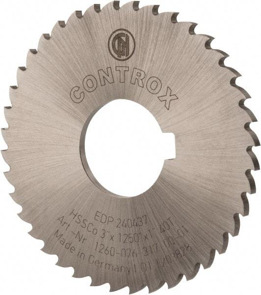 Controx - 3" Diam x 1/8" Blade Thickness x 1" Arbor Hole Diam, 40 Tooth Slitting and Slotting Saw - Arbor Connection, Right Hand, Uncoated, Cobalt, 15° Rake, Concave Ground, Contains Keyway - Exact Industrial Supply
