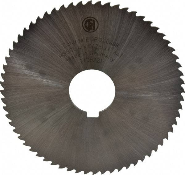 Controx - 4" Diam x 1/16" Blade Thickness x 1" Arbor Hole Diam, 64 Tooth Slitting and Slotting Saw - Arbor Connection, Right Hand, Uncoated, Cobalt, 15° Rake, Concave Ground, Contains Keyway - Exact Industrial Supply
