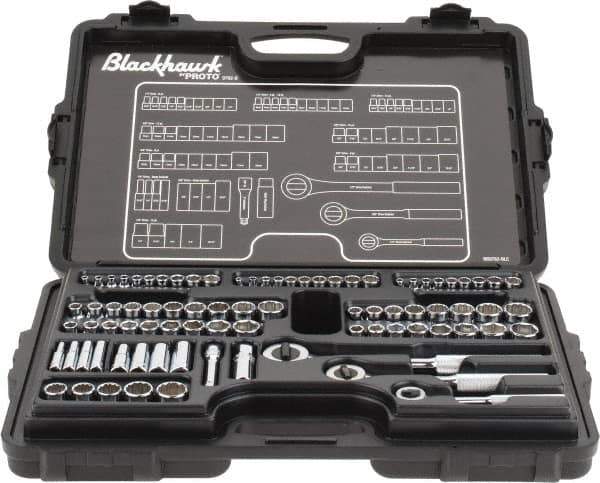 Blackhawk by Proto - 82 Piece 1/4" & 3/8" Drive Deep Well Socket Set - 6, 12 Points, 5/32" to 13/16" (4mm to 19mm) Range, Inch/Metric Measurement Standard - Exact Industrial Supply