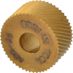 Dorian Tool - 3/4" Diam, 90° Tooth Angle, 25 TPI, Standard (Shape), Form Type High Speed Steel Right-Hand Diagonal Knurl Wheel - 3/8" Face Width, 1/4" Hole, Circular Pitch, 30° Helix, Bright Finish, Series A - Exact Industrial Supply