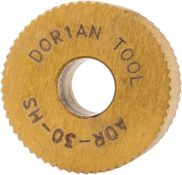 Dorian Tool - 3/4" Diam, 90° Tooth Angle, 30 TPI, Standard (Shape), Form Type High Speed Steel Right-Hand Diagonal Knurl Wheel - 3/8" Face Width, 1/4" Hole, Circular Pitch, 30° Helix, Bright Finish, Series A - Exact Industrial Supply