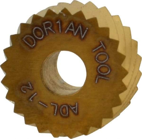 Dorian Tool - 3/4" Diam, 90° Tooth Angle, 12 TPI, Standard (Shape), Form Type High Speed Steel Left-Hand Diagonal Knurl Wheel - 3/8" Face Width, 1/4" Hole, Circular Pitch, 30° Helix, Bright Finish, Series A - Exact Industrial Supply