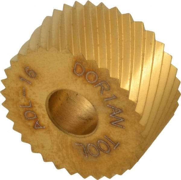 Dorian Tool - 3/4" Diam, 90° Tooth Angle, 16 TPI, Standard (Shape), Form Type High Speed Steel Left-Hand Diagonal Knurl Wheel - 3/8" Face Width, 1/4" Hole, Circular Pitch, 30° Helix, Bright Finish, Series A - Exact Industrial Supply