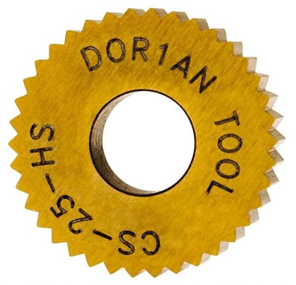 Dorian Tool - 1/2" Diam, 90° Tooth Angle, 25 TPI, Standard (Shape), Form Type High Speed Steel Straight Knurl Wheel - 3/16" Face Width, 3/16" Hole, Circular Pitch, Bright Finish, Series C - Exact Industrial Supply