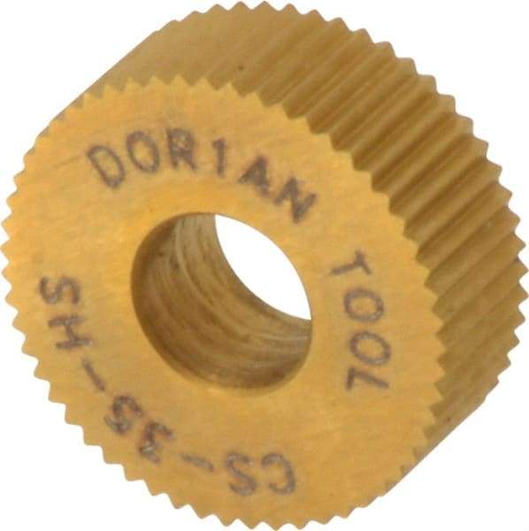 Dorian Tool - 1/2" Diam, 90° Tooth Angle, 35 TPI, Standard (Shape), Form Type High Speed Steel Straight Knurl Wheel - 3/16" Face Width, 3/16" Hole, Circular Pitch, Bright Finish, Series C - Exact Industrial Supply