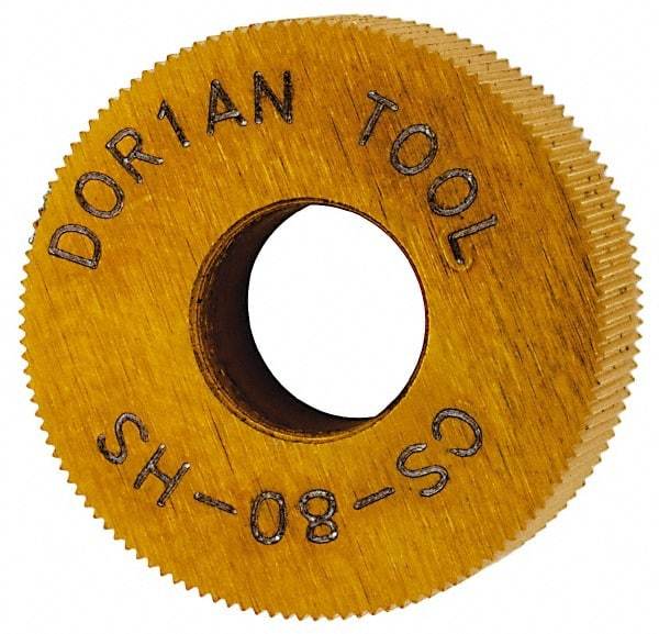 Dorian Tool - 1/2" Diam, 70° Tooth Angle, 80 TPI, Standard (Shape), Form Type High Speed Steel Straight Knurl Wheel - 3/16" Face Width, 3/16" Hole, Circular Pitch, Bright Finish, Series C - Exact Industrial Supply